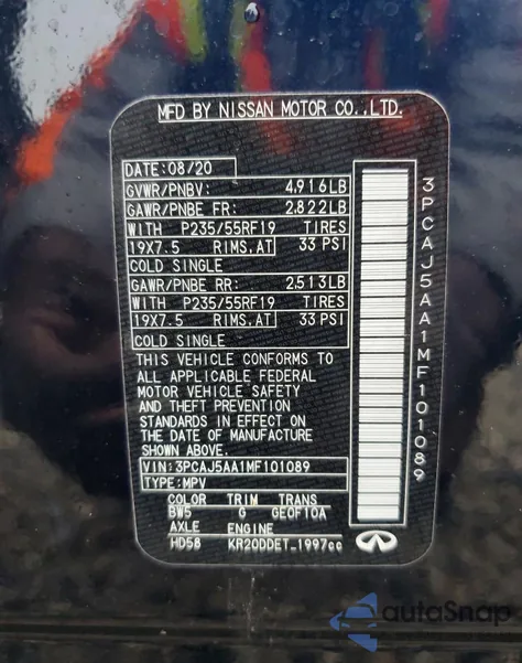 2021 Infiniti Qx50 Pure z USA, uszkodzony, nr VIN 3PCAJ5AA1MF101089